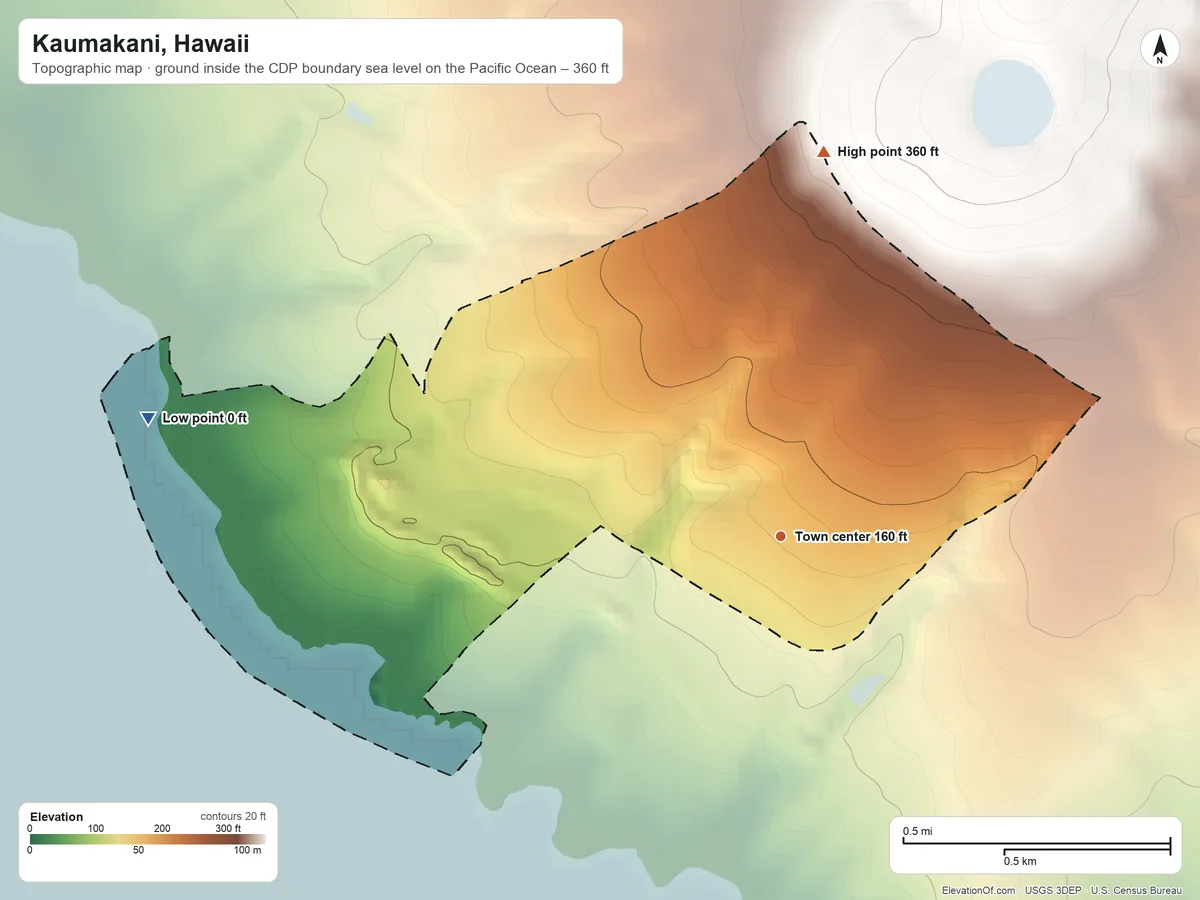 Topographic elevation map of Kaumakani, Hawaii, shaded from sea level level on the Pacific Ocean to 360 ft on the north side