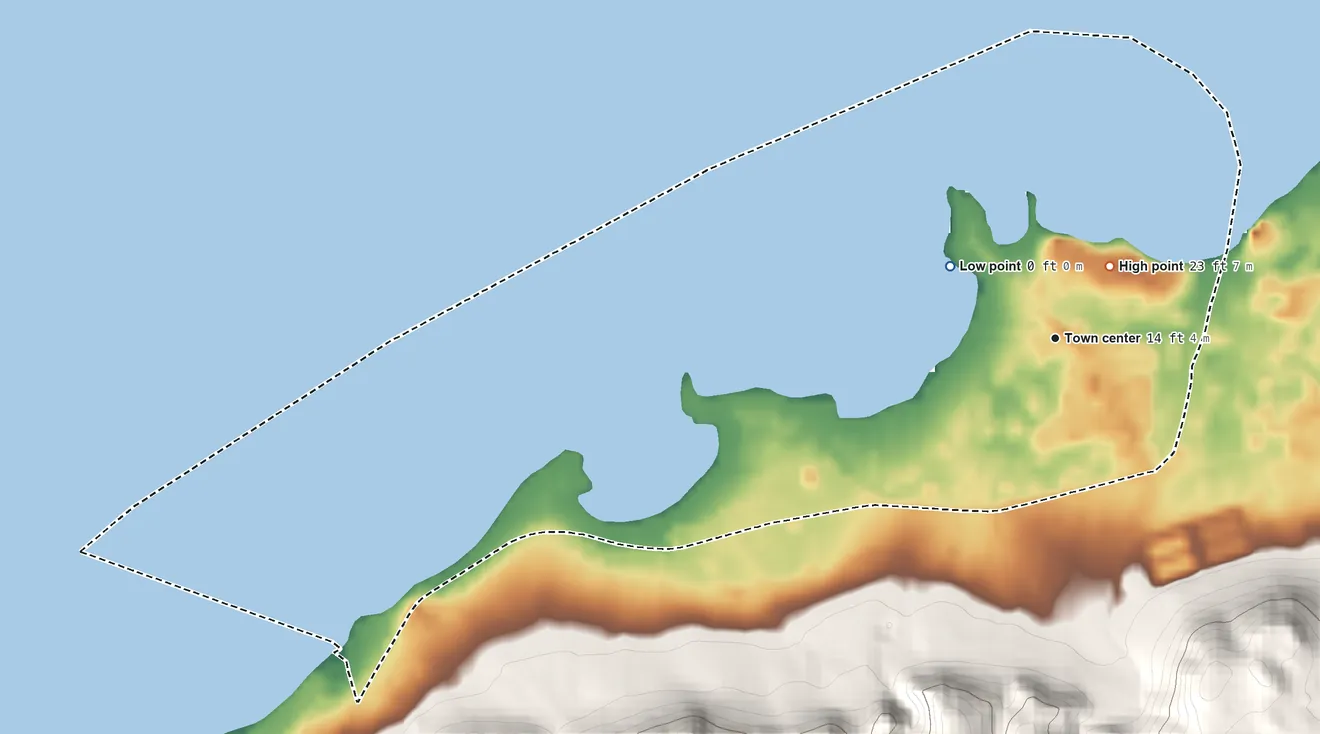 Topographic elevation map of Kawela Bay, Hawaii, shaded from sea level level on the Pacific Ocean to 23 ft on the northeast edge, below higher ground just outside
