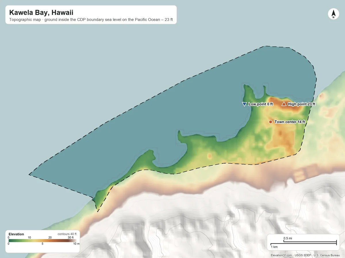 Topographic elevation map of Kawela Bay, Hawaii, shaded from sea level level on the Pacific Ocean to 23 ft on the northeast edge, below higher ground just outside