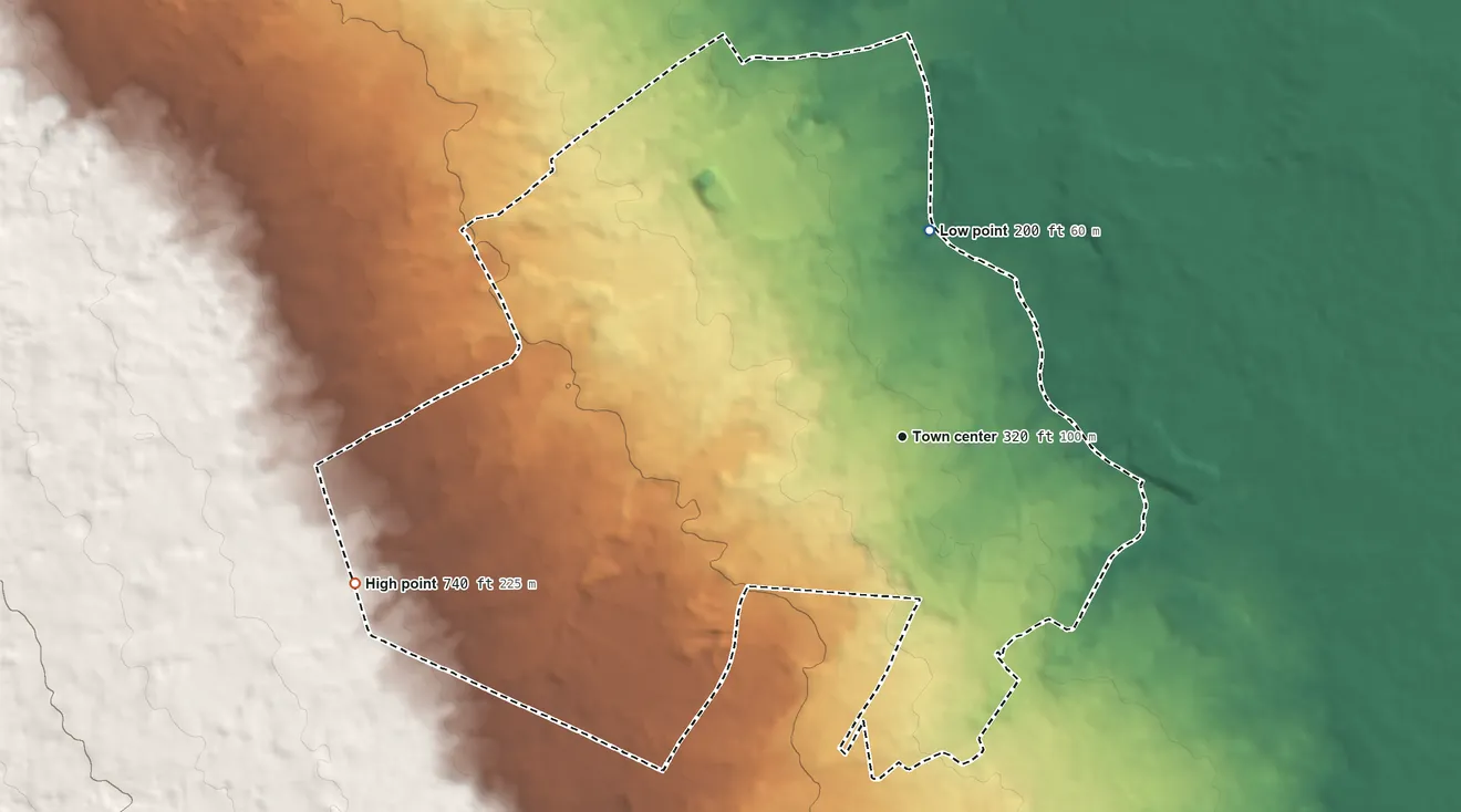 Topographic elevation map of Keaau, Hawaii, shaded from 200 ft on the north side to 740 ft on the west edge, below higher ground just outside