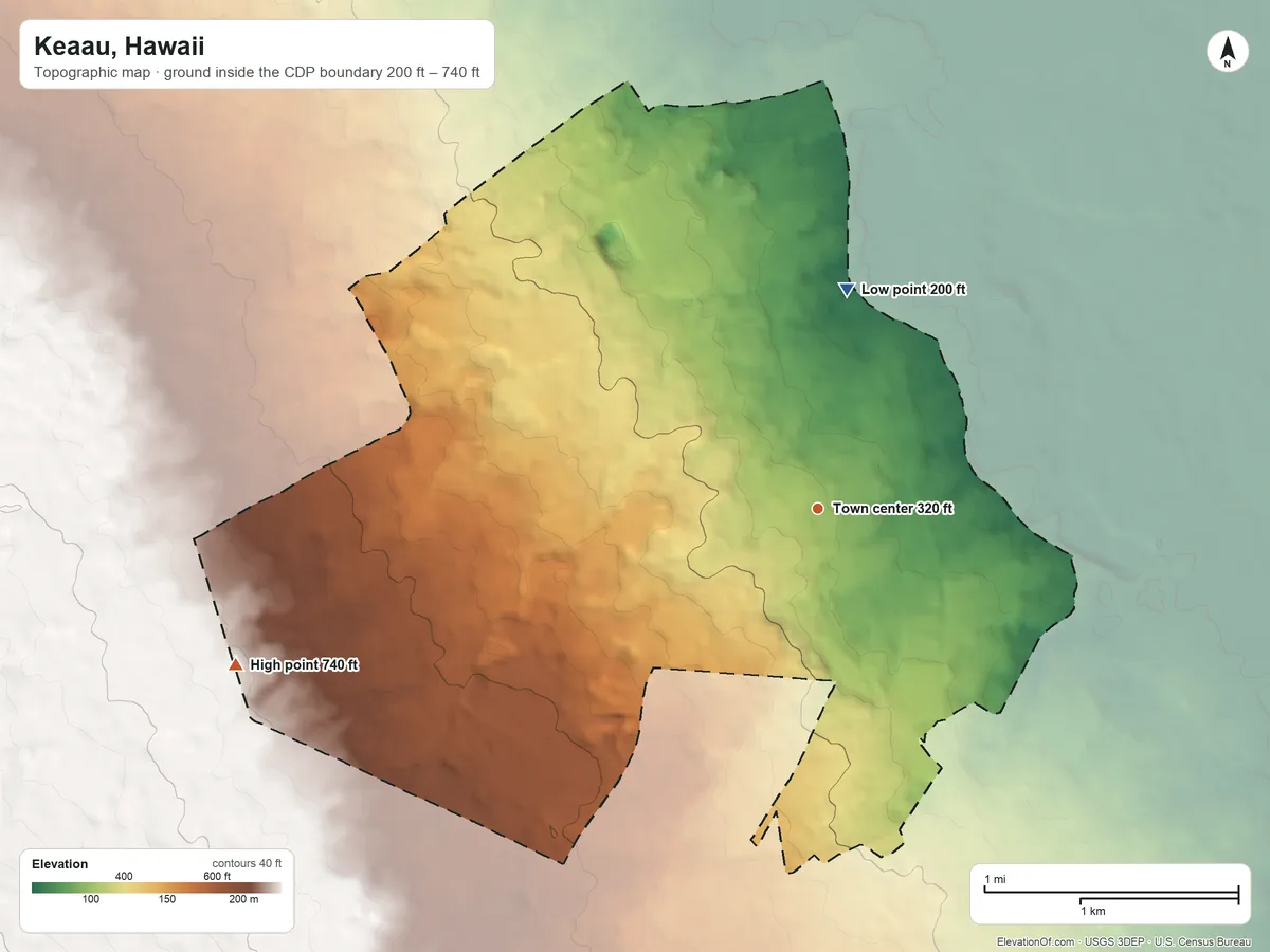 Topographic elevation map of Keaau, Hawaii, shaded from 200 ft on the north side to 740 ft on the west edge, below higher ground just outside