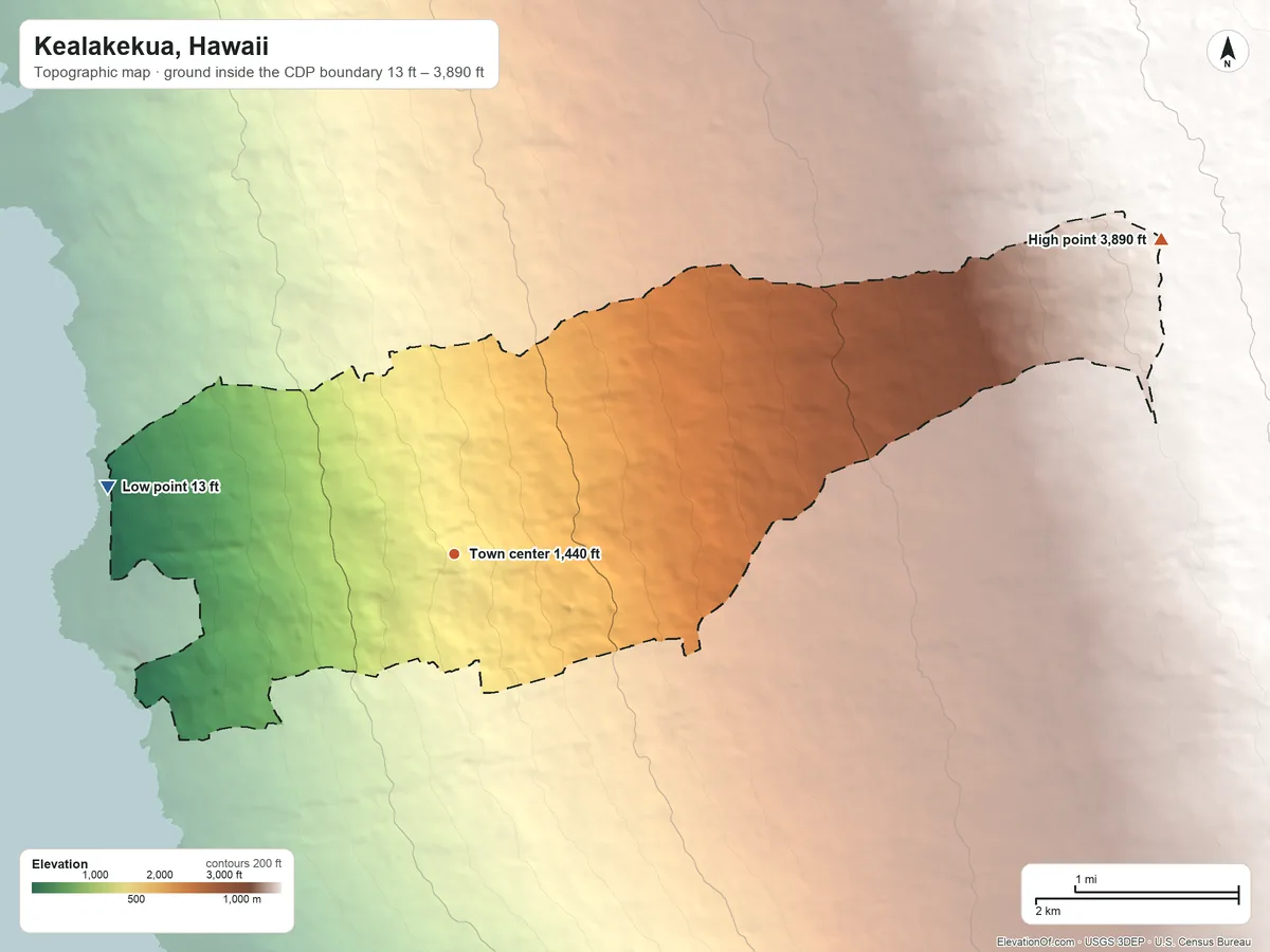 Topographic elevation map of Kealakekua, Hawaii, shaded from 13 ft on the west side to 3,890 ft on the northeast edge, below higher ground just outside