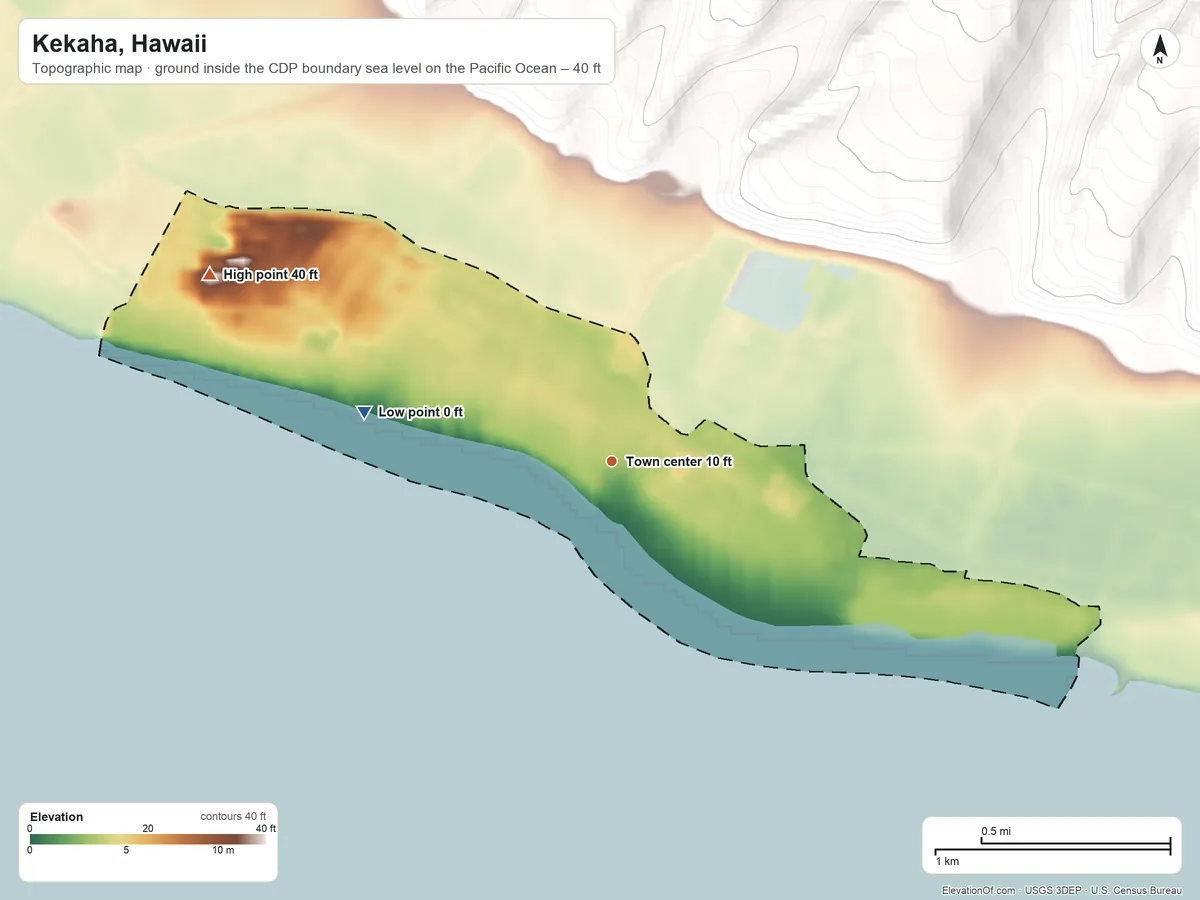 Topographic elevation map of Kekaha, Hawaii, shaded from sea level level on the Pacific Ocean to 40 ft on the northwest edge, below higher ground just outside