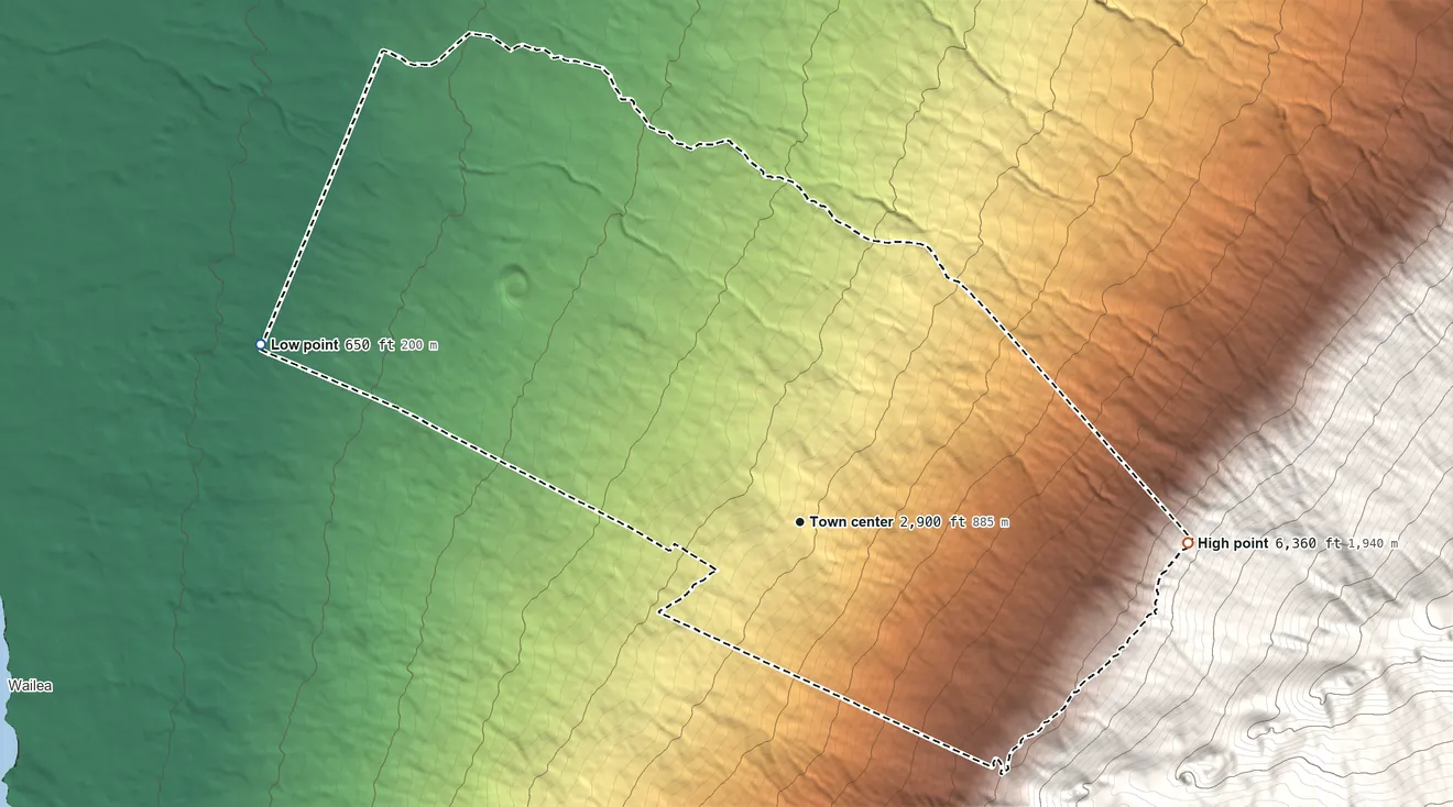Topographic elevation map of Keokea, Hawaii, shaded from 650 ft on the west side to 6,360 ft at the foot of the Lualaʻilua Hills