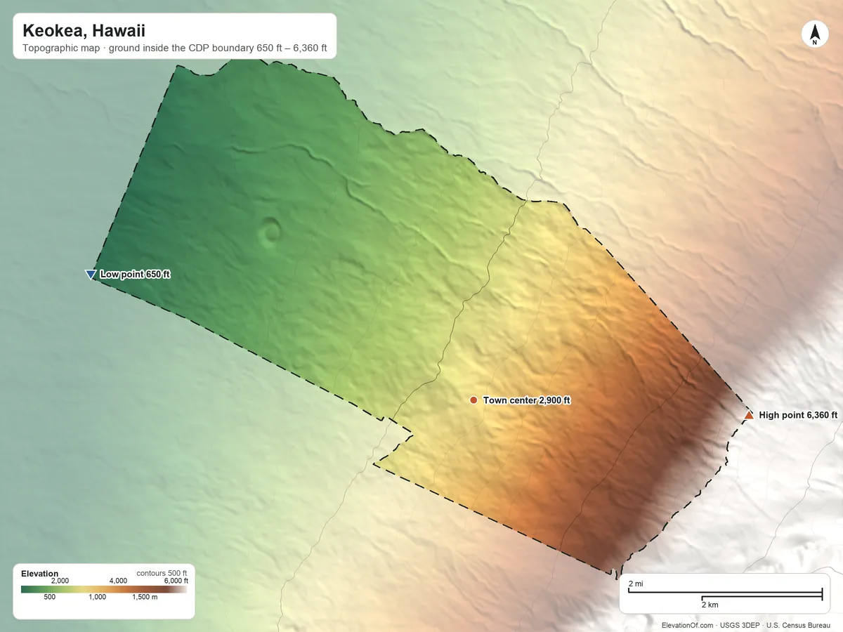 Topographic elevation map of Keokea, Hawaii, shaded from 650 ft on the west side to 6,360 ft at the foot of the Lualaʻilua Hills