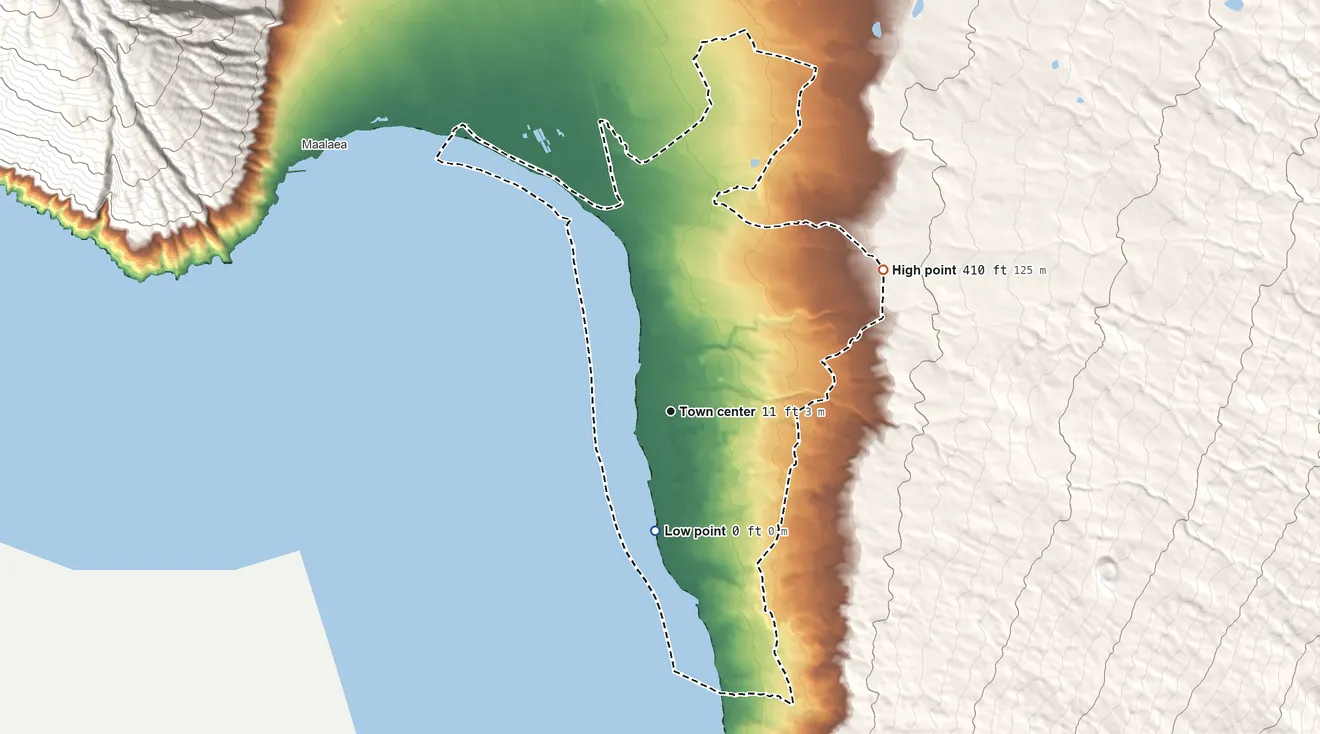 Topographic elevation map of Kihei, Hawaii, shaded from sea level level on the Pacific Ocean to 410 ft at the foot of the Lualaʻilua Hills