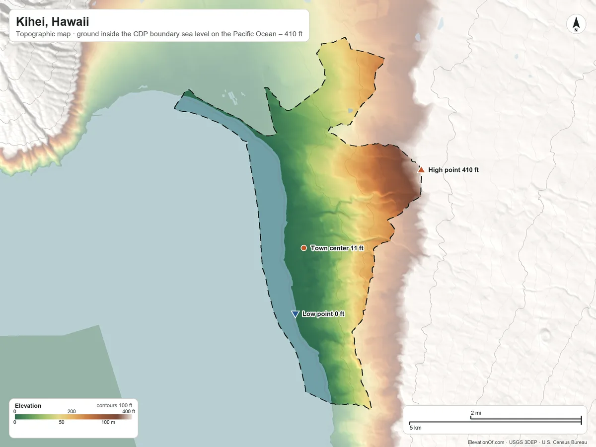 Topographic elevation map of Kihei, Hawaii, shaded from sea level level on the Pacific Ocean to 410 ft at the foot of the Lualaʻilua Hills
