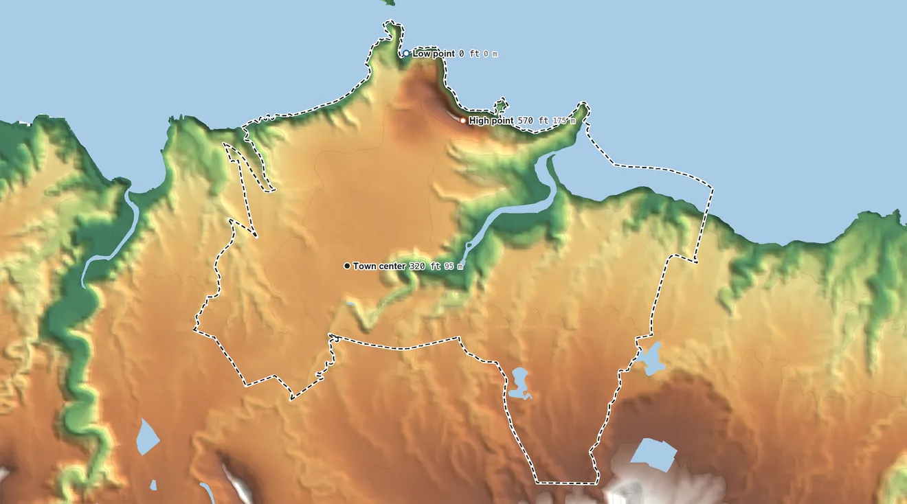 Topographic elevation map of Kilauea, Hawaii, shaded from sea level level on the Pacific Ocean to 568 ft on Crater Hill