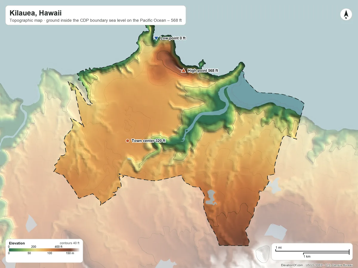 Topographic elevation map of Kilauea, Hawaii, shaded from sea level level on the Pacific Ocean to 568 ft on Crater Hill
