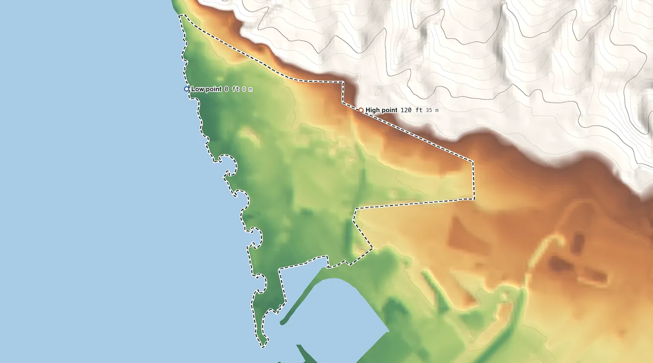 Topographic elevation map of Ko Olina, Hawaii, shaded from sea level level on the Pacific Ocean to 120 ft at the foot of the Waiʻanae Range