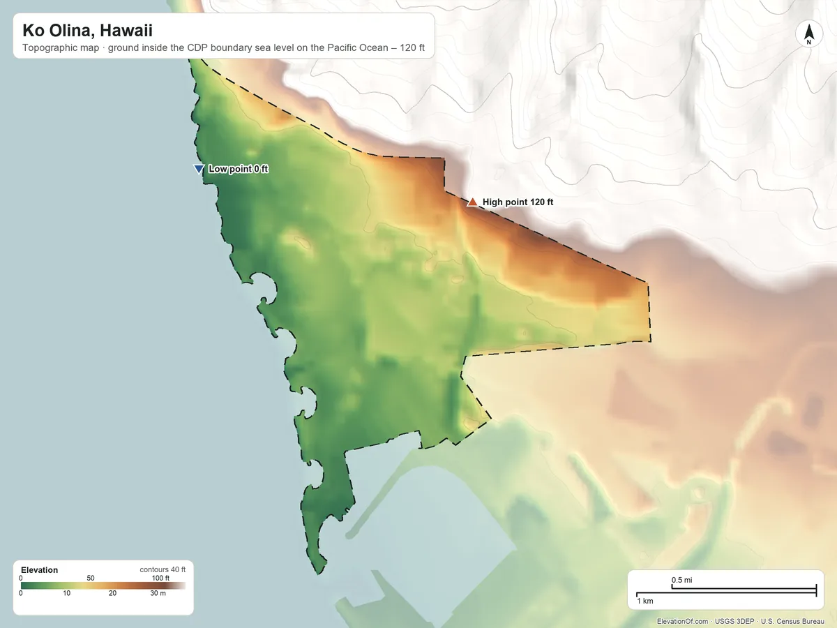 Topographic elevation map of Ko Olina, Hawaii, shaded from sea level level on the Pacific Ocean to 120 ft at the foot of the Waiʻanae Range