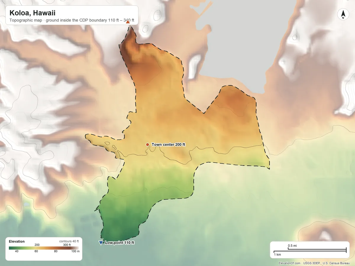 Topographic elevation map of Koloa, Hawaii, shaded from 110 ft on the southwest side to 340 ft on the north edge, below higher ground just outside