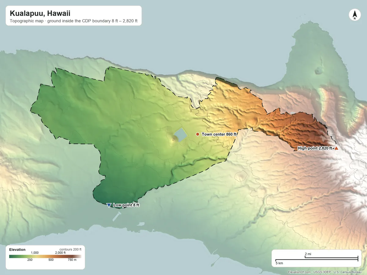 Topographic elevation map of Kualapuu, Hawaii, shaded from 8 ft on the southwest side to 2,820 ft on the east edge, below higher ground just outside