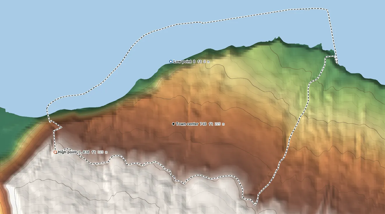 Topographic elevation map of Kukuihaele, Hawaii, shaded from sea level level on the Pacific Ocean to 1,030 ft at the foot of the Kohala Mountains