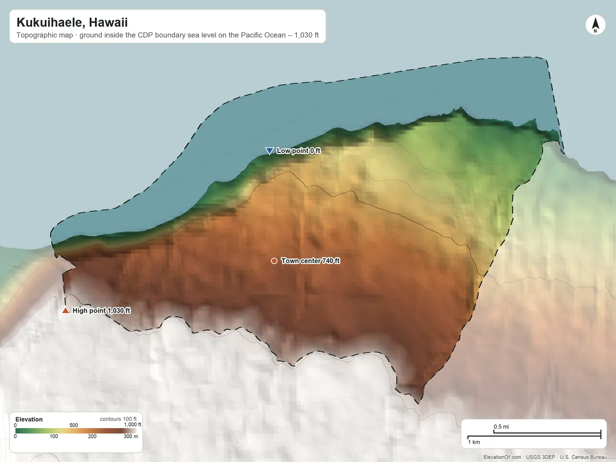 Topographic elevation map of Kukuihaele, Hawaii, shaded from sea level level on the Pacific Ocean to 1,030 ft at the foot of the Kohala Mountains