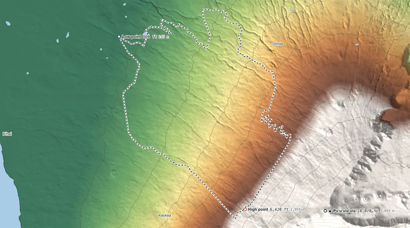 Topographic elevation map of Kula, Hawaii, shaded from 800 ft on the northwest side to 6,420 ft at the foot of the Lualaʻilua Hills