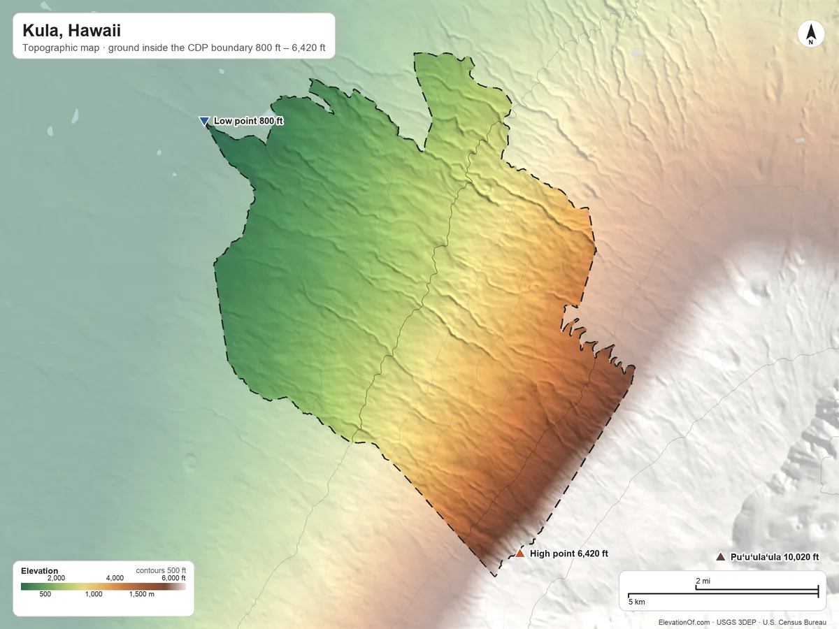 Topographic elevation map of Kula, Hawaii, shaded from 800 ft on the northwest side to 6,420 ft at the foot of the Lualaʻilua Hills