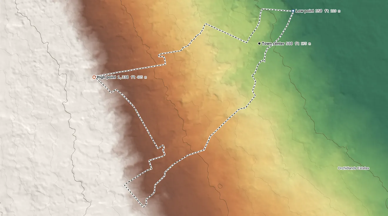 Topographic elevation map of Kurtistown, Hawaii, shaded from 350 ft on the northeast side to 1,330 ft on the west edge, below higher ground just outside