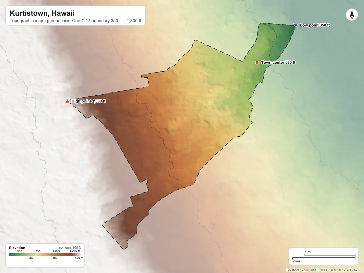 Topographic elevation map of Kurtistown, Hawaii, shaded from 350 ft on the northeast side to 1,330 ft on the west edge, below higher ground just outside