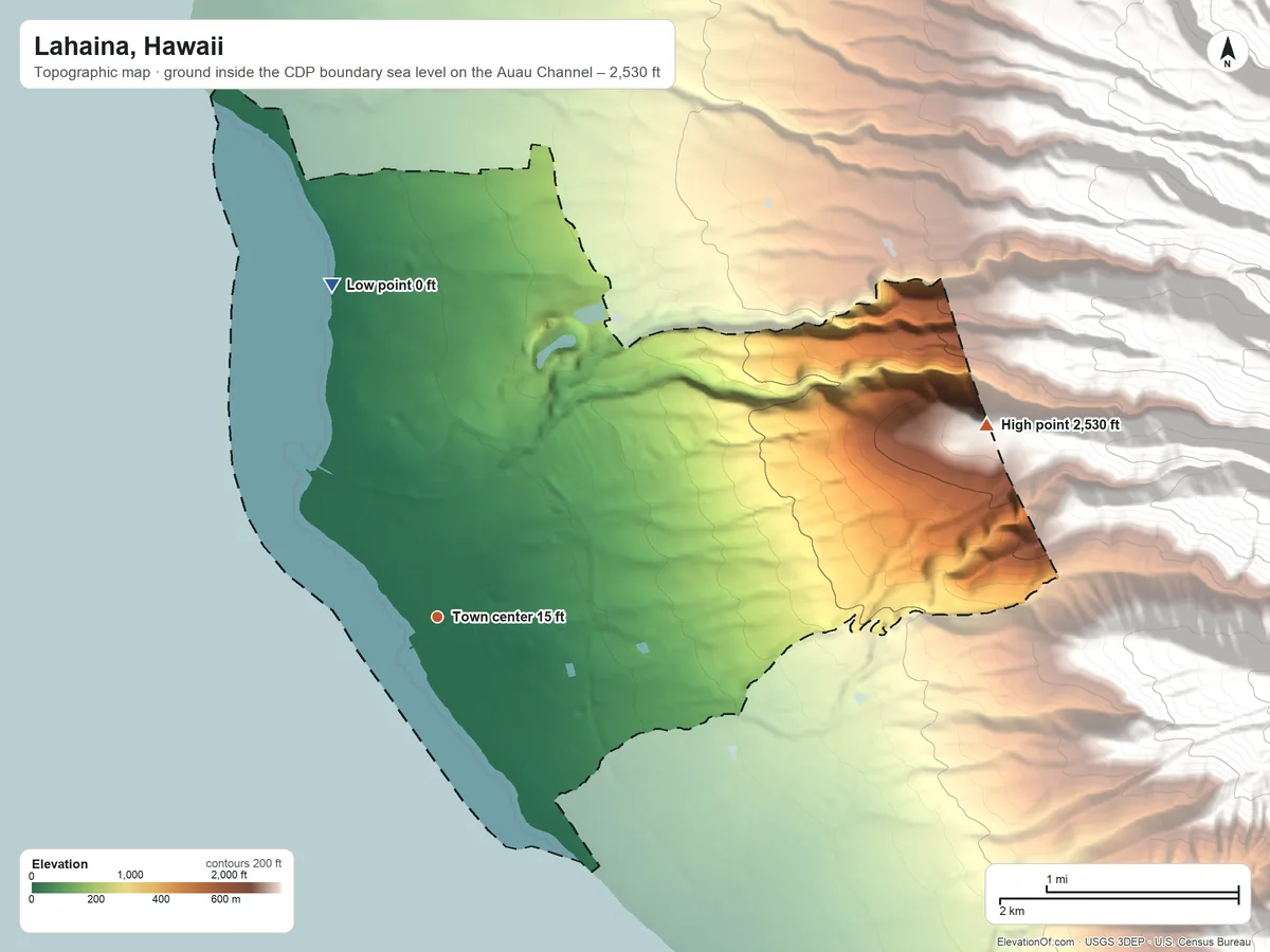 Topographic elevation map of Lahaina, Hawaii, shaded from sea level level on the Auau Channel to 2,530 ft on the east edge, below higher ground just outside