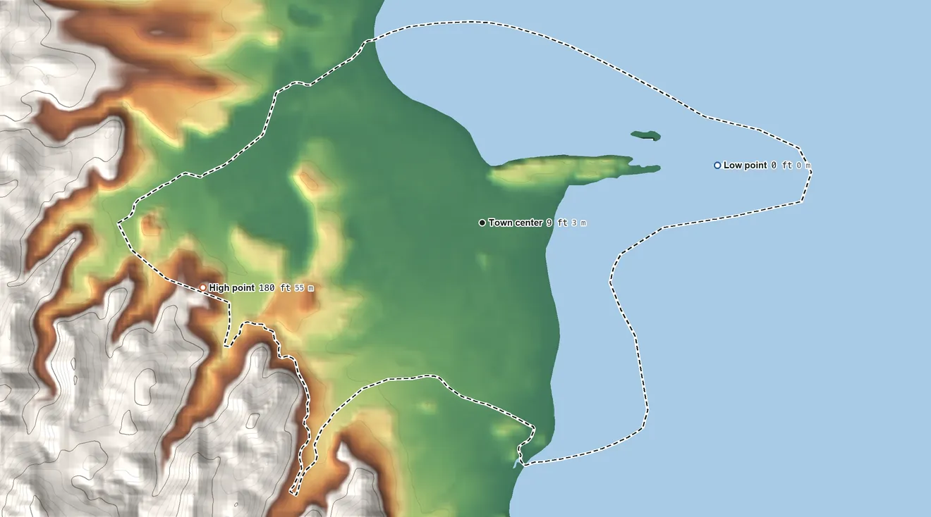 Topographic elevation map of Laie, Hawaii, shaded from sea level level on the Pacific Ocean to 180 ft on the west edge, below higher ground just outside