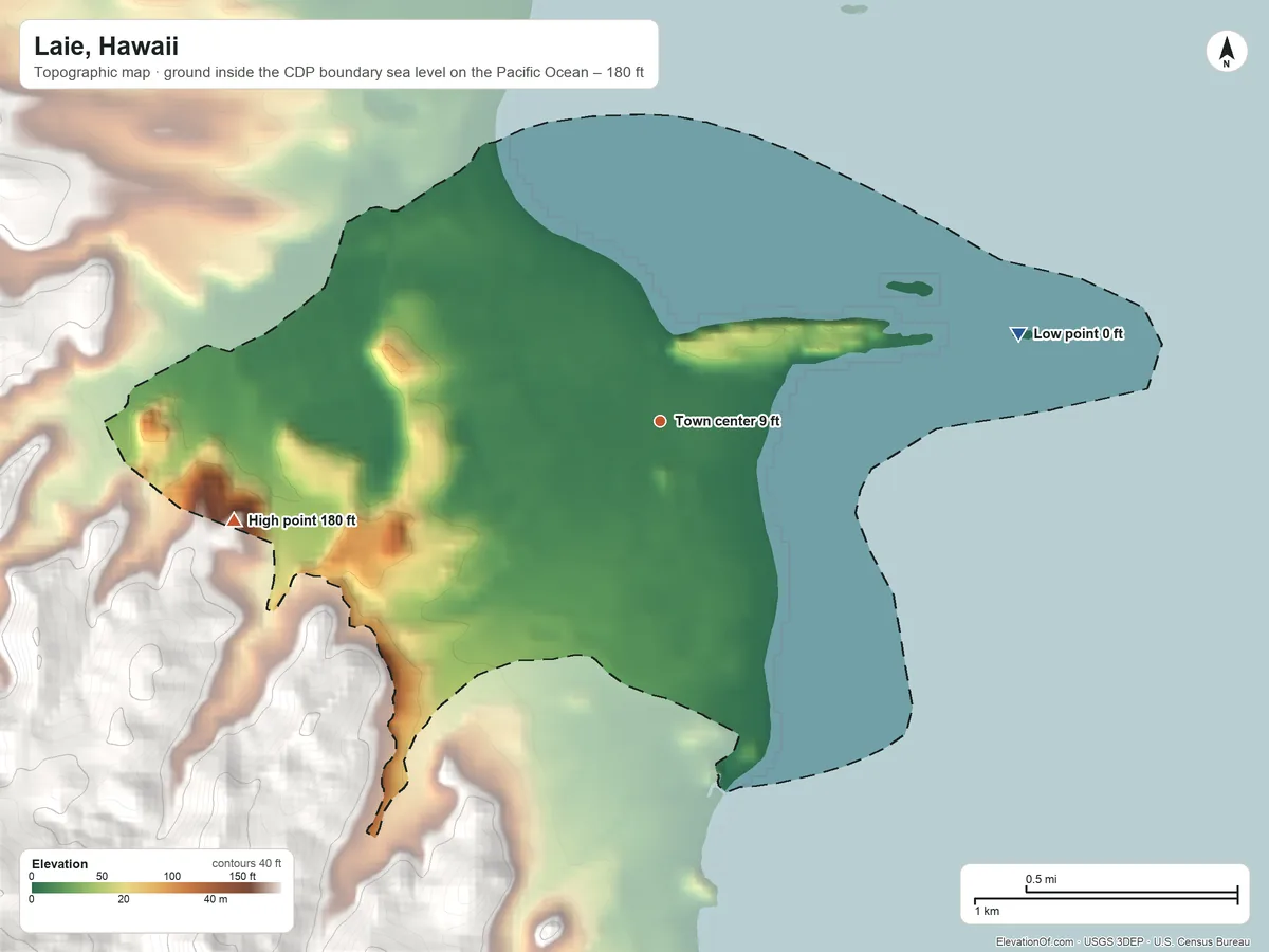 Topographic elevation map of Laie, Hawaii, shaded from sea level level on the Pacific Ocean to 180 ft on the west edge, below higher ground just outside