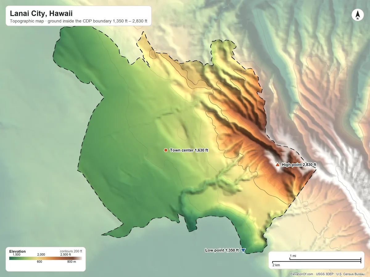 Topographic elevation map of Lanai City, Hawaii, shaded from 1,350 ft on the southeast side to 2,830 ft on Puʻualiʻi