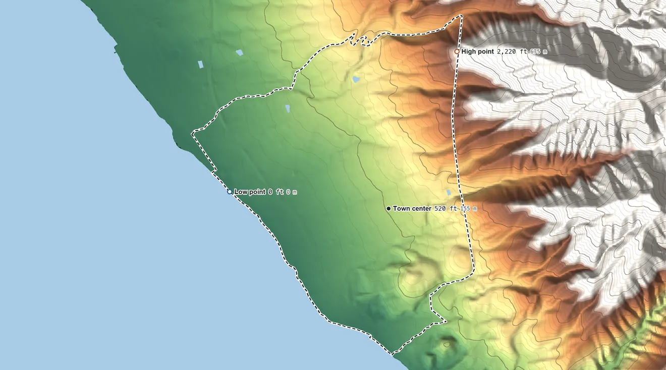 Topographic elevation map of Launiupoko, Hawaii, shaded from sea level level on the Auau Channel to 2,220 ft on the northeast edge, below higher ground just outside