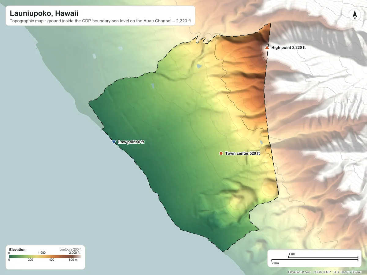 Topographic elevation map of Launiupoko, Hawaii, shaded from sea level level on the Auau Channel to 2,220 ft on the northeast edge, below higher ground just outside