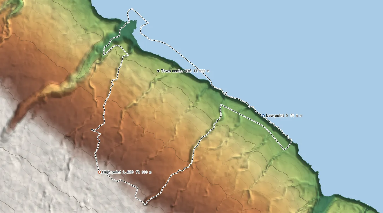 Topographic elevation map of Laupahoehoe, Hawaii, shaded from sea level level on the Pacific Ocean to 1,630 ft on the southwest edge, below higher ground just outside