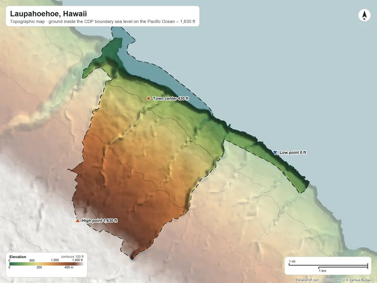 Topographic elevation map of Laupahoehoe, Hawaii, shaded from sea level level on the Pacific Ocean to 1,630 ft on the southwest edge, below higher ground just outside