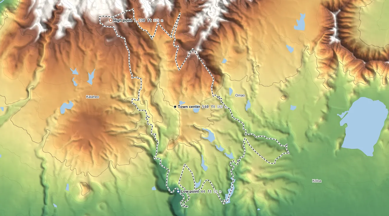 Topographic elevation map of Lawai, Hawaii, shaded from 44 ft on the south side to 1,230 ft at the foot of the Makaleha Mountains