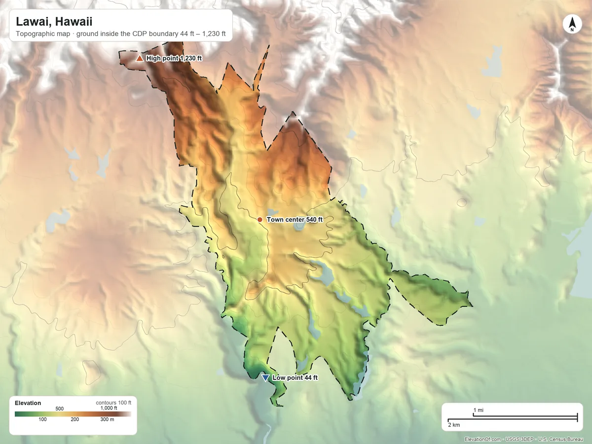 Topographic elevation map of Lawai, Hawaii, shaded from 44 ft on the south side to 1,230 ft at the foot of the Makaleha Mountains