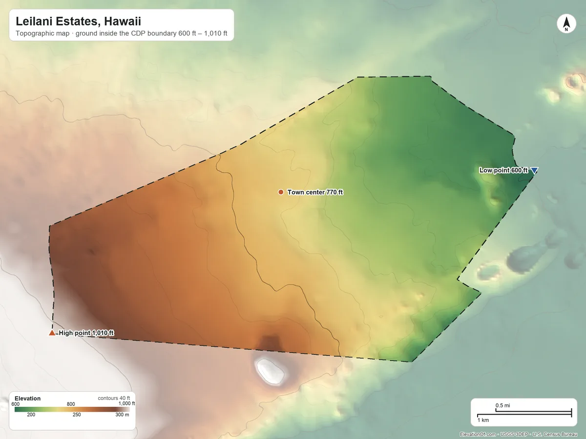 Topographic elevation map of Leilani Estates, Hawaii, shaded from 600 ft on the east side to 1,010 ft on the southwest edge, below higher ground just outside