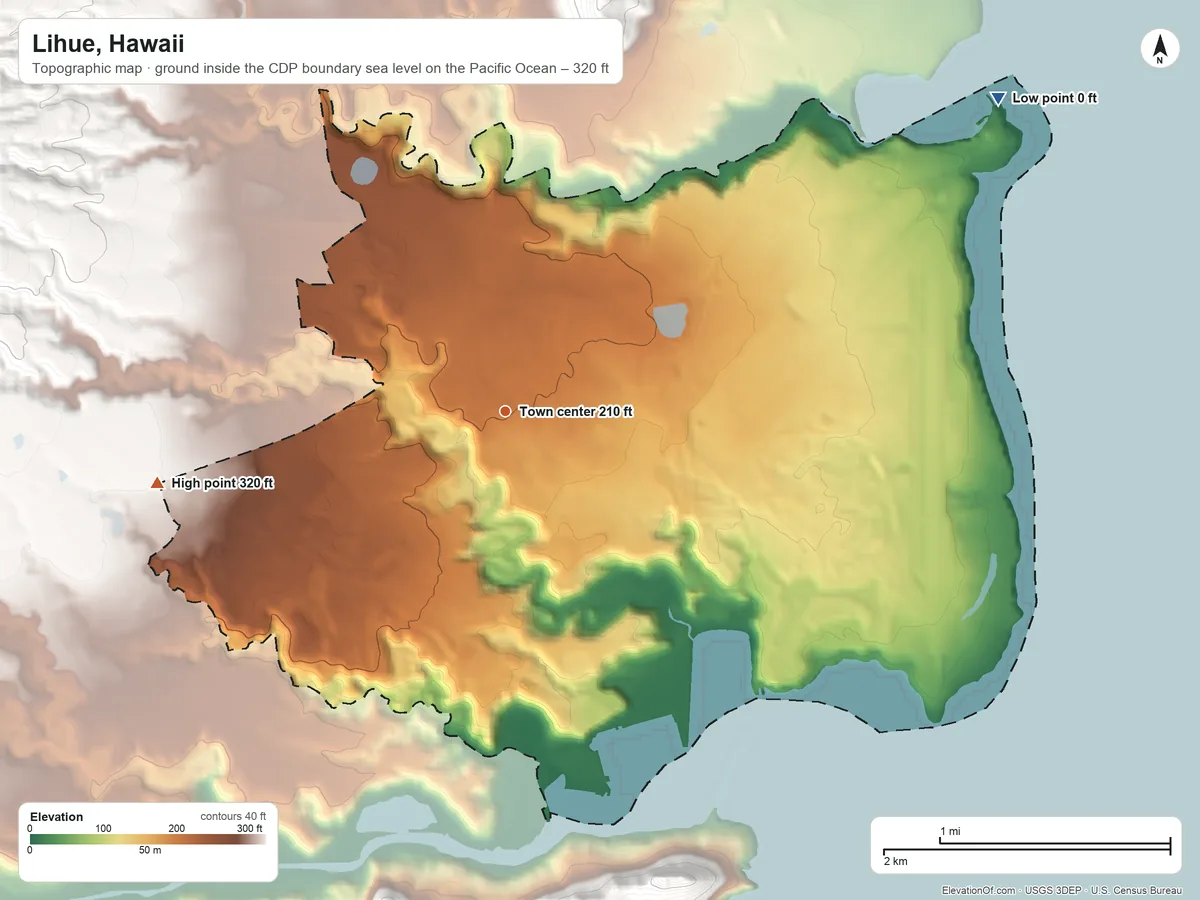 Topographic elevation map of Lihue, Hawaii, shaded from sea level level on the Pacific Ocean to 320 ft at the foot of the Makaleha Mountains