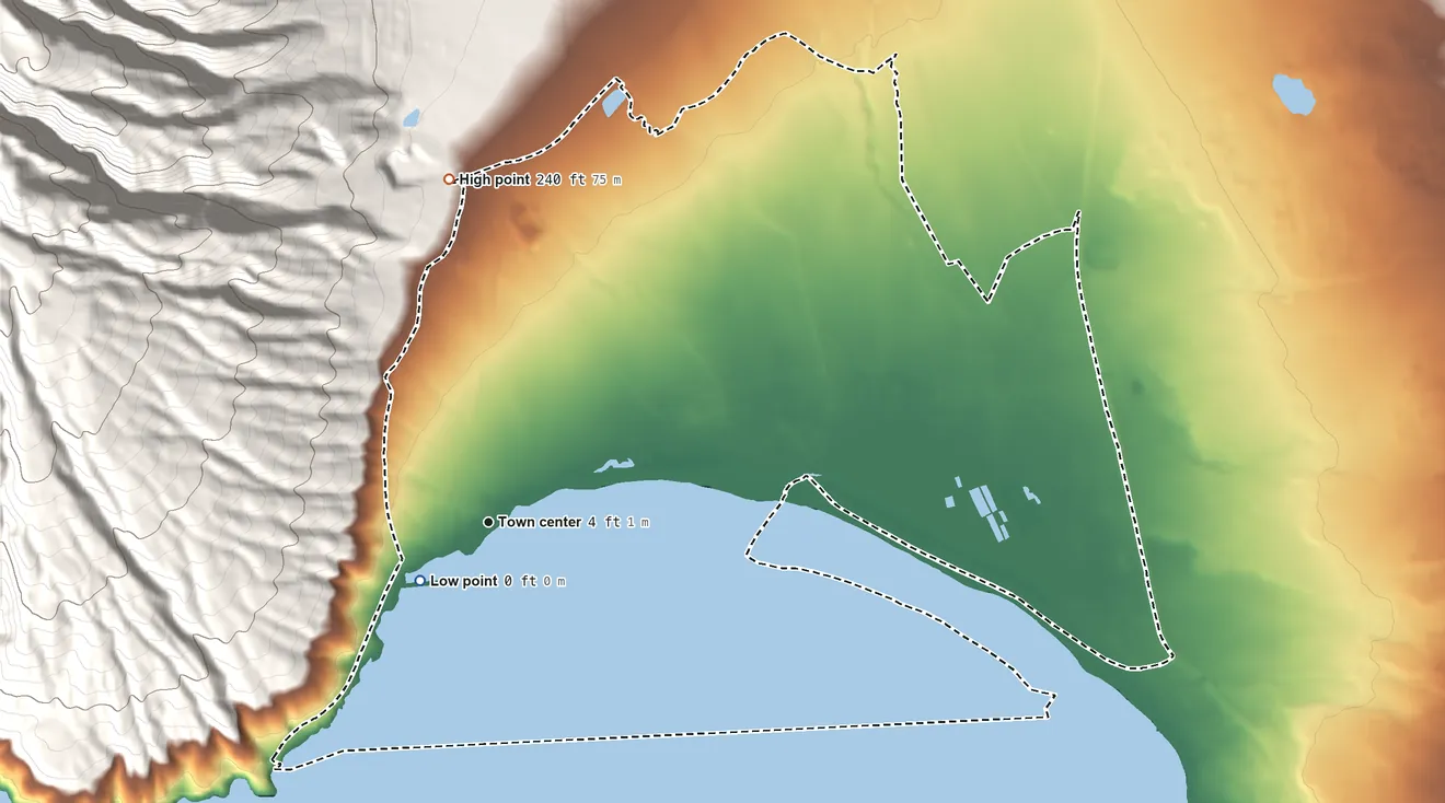 Topographic elevation map of Maalaea, Hawaii, shaded from sea level level on Maalea Bay to 240 ft on the north edge, below higher ground just outside