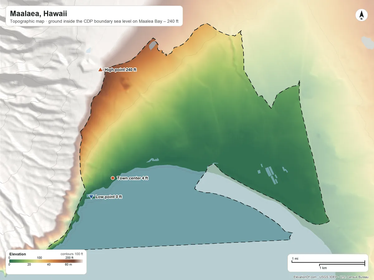 Topographic elevation map of Maalaea, Hawaii, shaded from sea level level on Maalea Bay to 240 ft on the north edge, below higher ground just outside