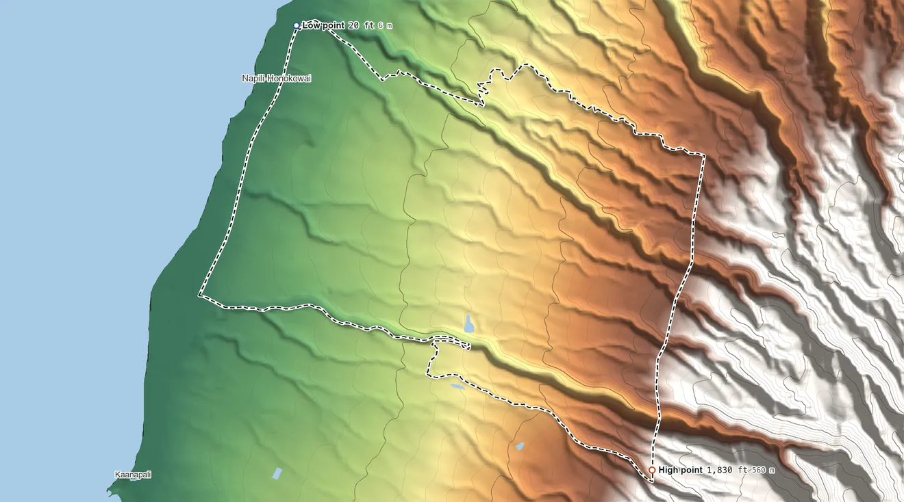 Topographic elevation map of Mahinahina, Hawaii, shaded from 20 ft near the middle to 1,830 ft on the southeast edge, below higher ground just outside