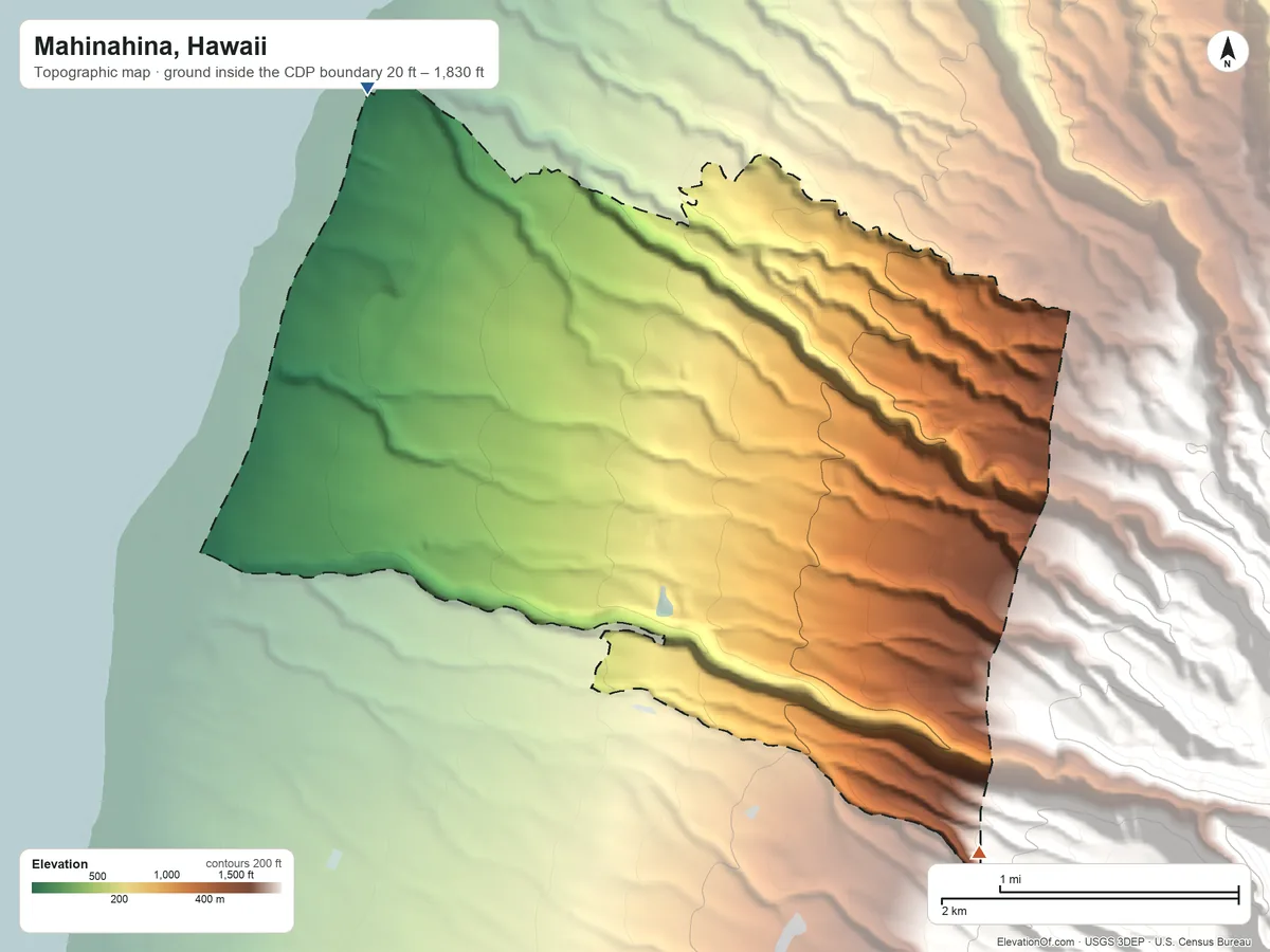 Topographic elevation map of Mahinahina, Hawaii, shaded from 20 ft near the middle to 1,830 ft on the southeast edge, below higher ground just outside