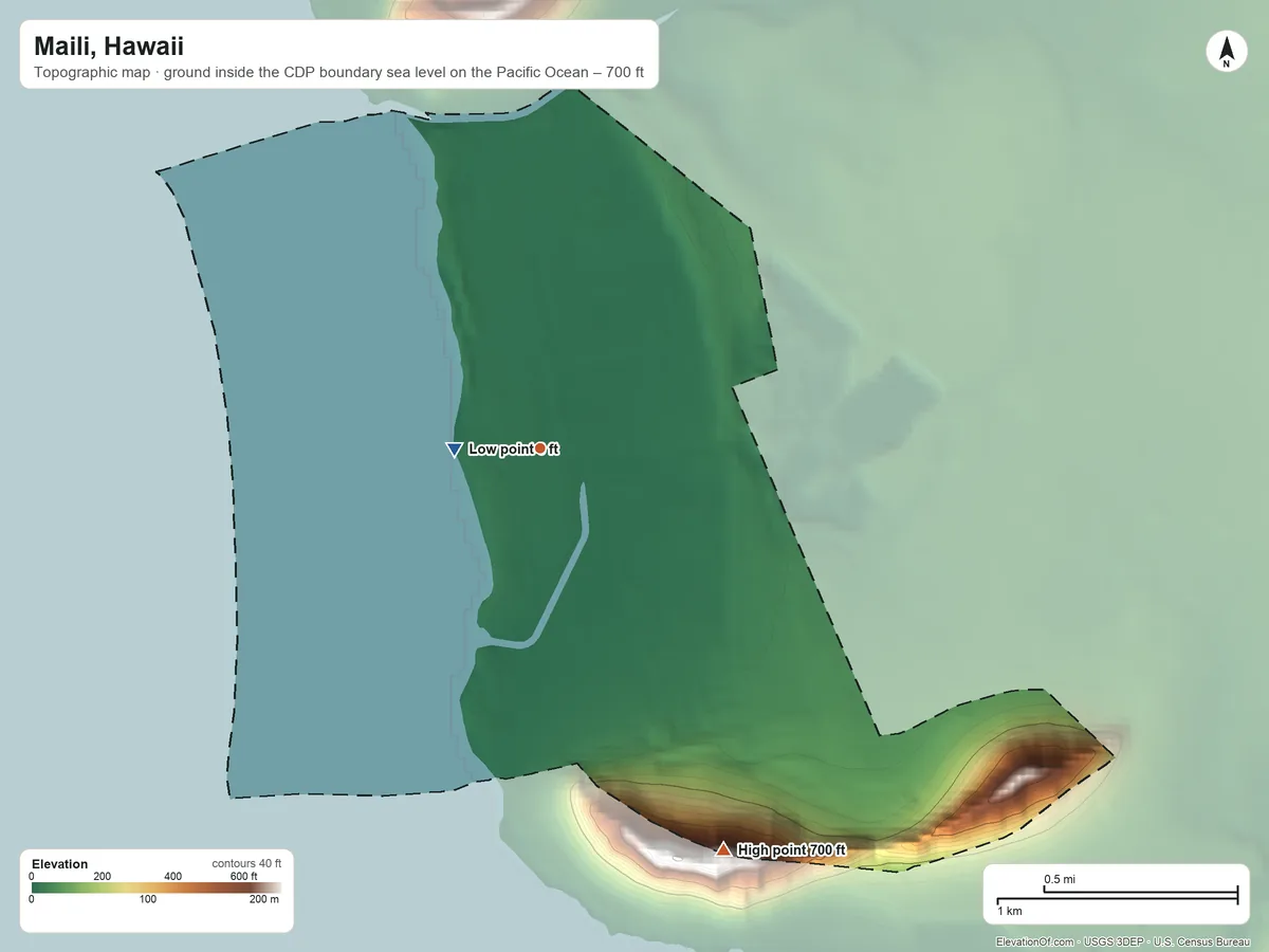 Topographic elevation map of Maili, Hawaii, shaded from sea level level on the Pacific Ocean to 700 ft on the southeast edge, below higher ground just outside