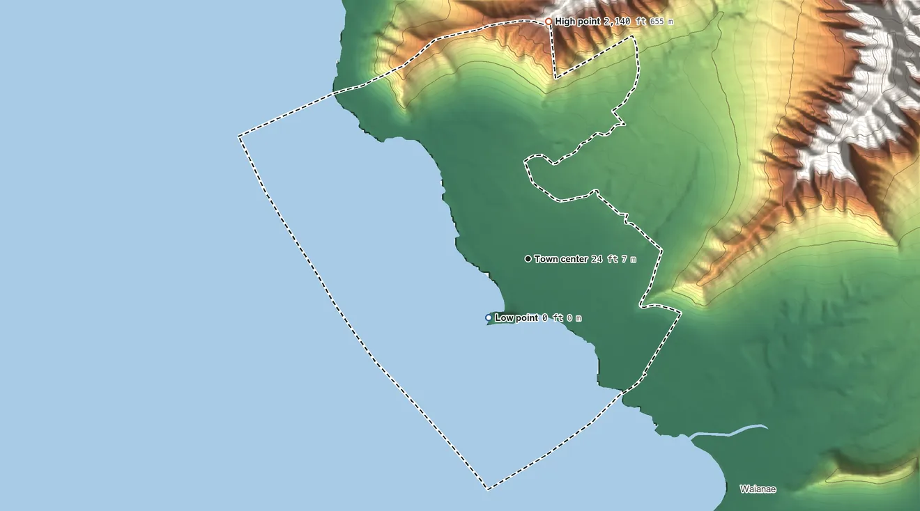 Topographic elevation map of Makaha, Hawaii, shaded from sea level level on the Pacific Ocean to 2,140 ft at the foot of the Waiʻanae Range
