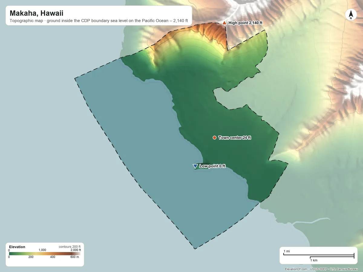 Topographic elevation map of Makaha, Hawaii, shaded from sea level level on the Pacific Ocean to 2,140 ft at the foot of the Waiʻanae Range