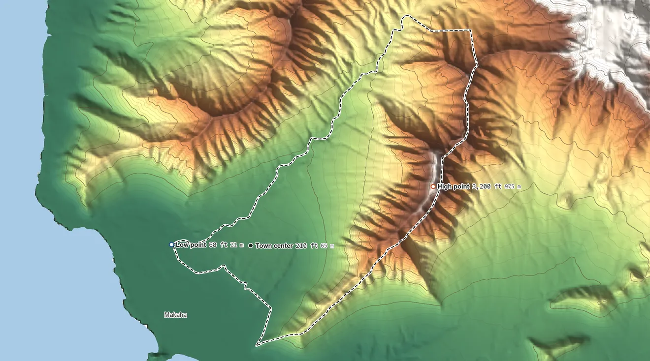 Topographic elevation map of Makaha Valley, Hawaii, shaded from 68 ft on the west side to 3,200 ft on the east side