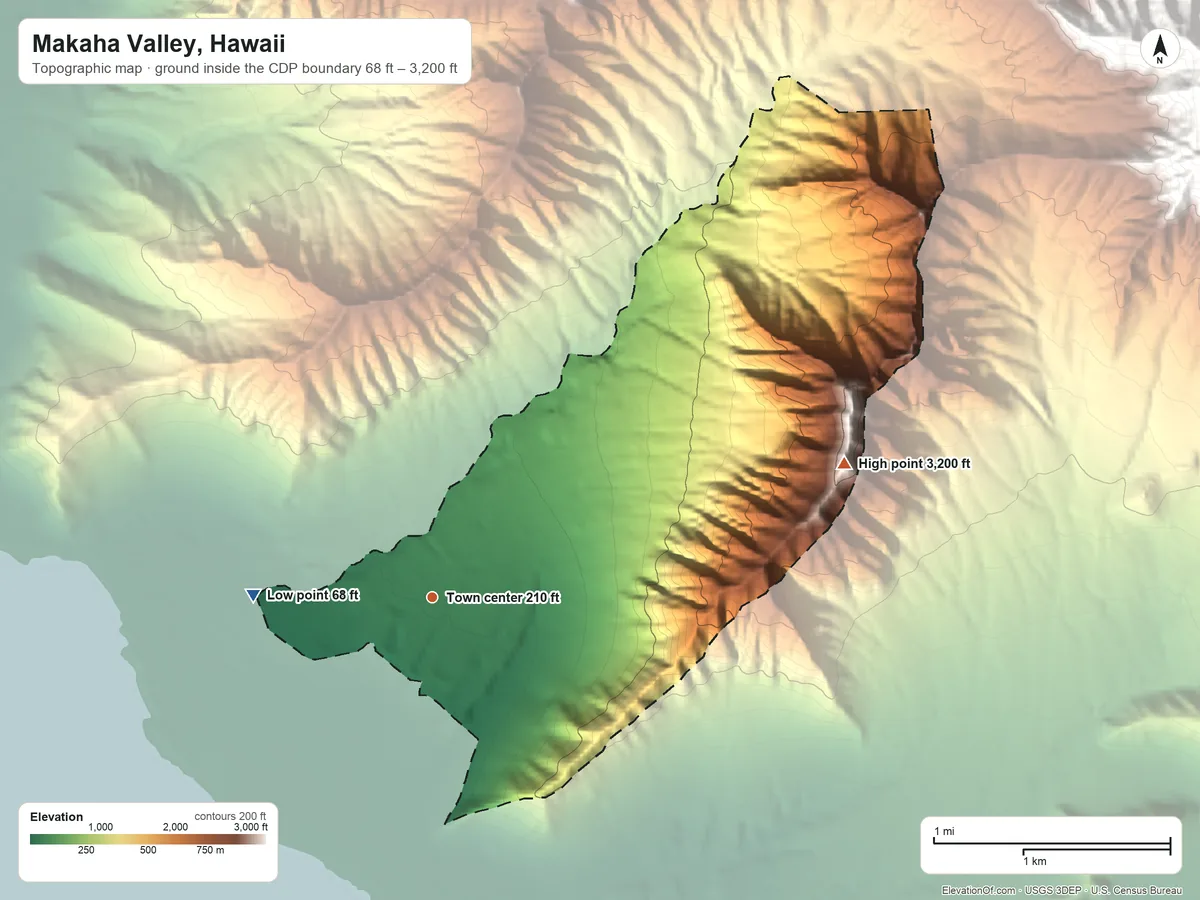 Topographic elevation map of Makaha Valley, Hawaii, shaded from 68 ft on the west side to 3,200 ft on the east side