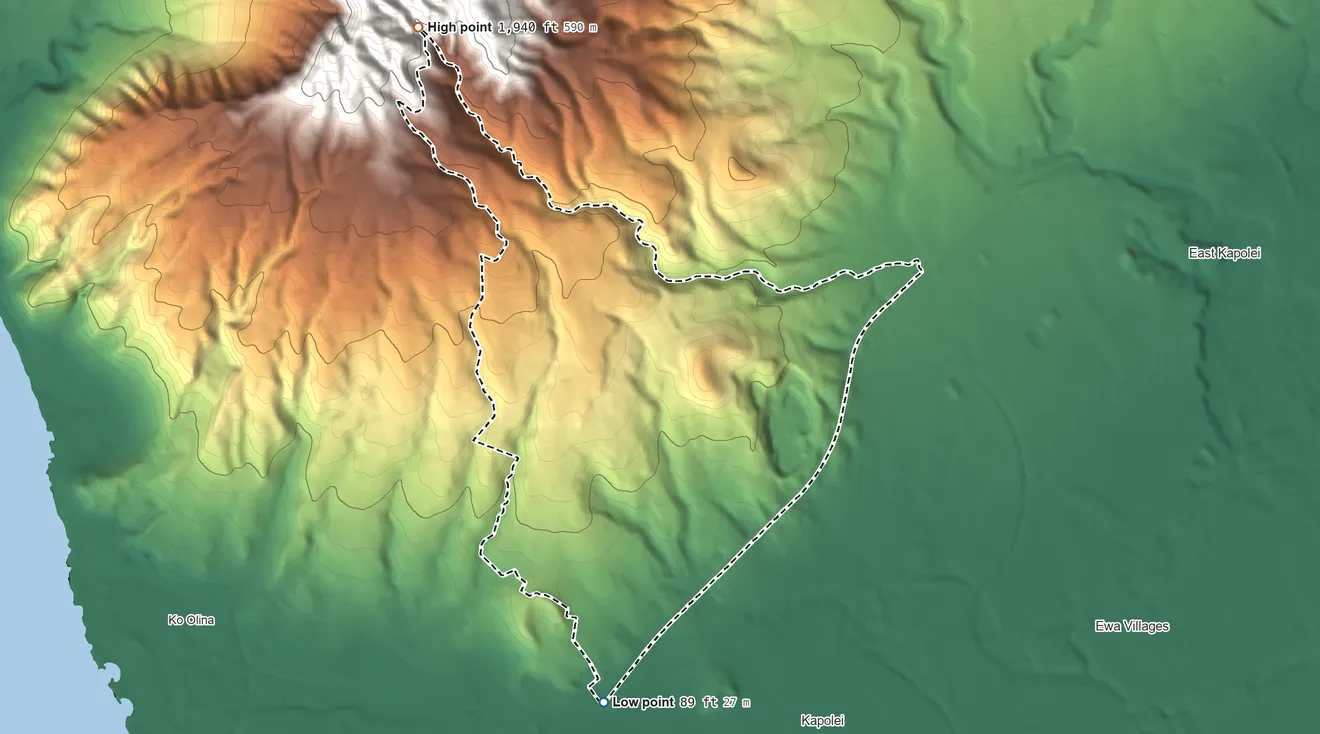Topographic elevation map of Makakilo, Hawaii, shaded from 89 ft on the south side to 1,940 ft at the foot of the Waiʻanae Range
