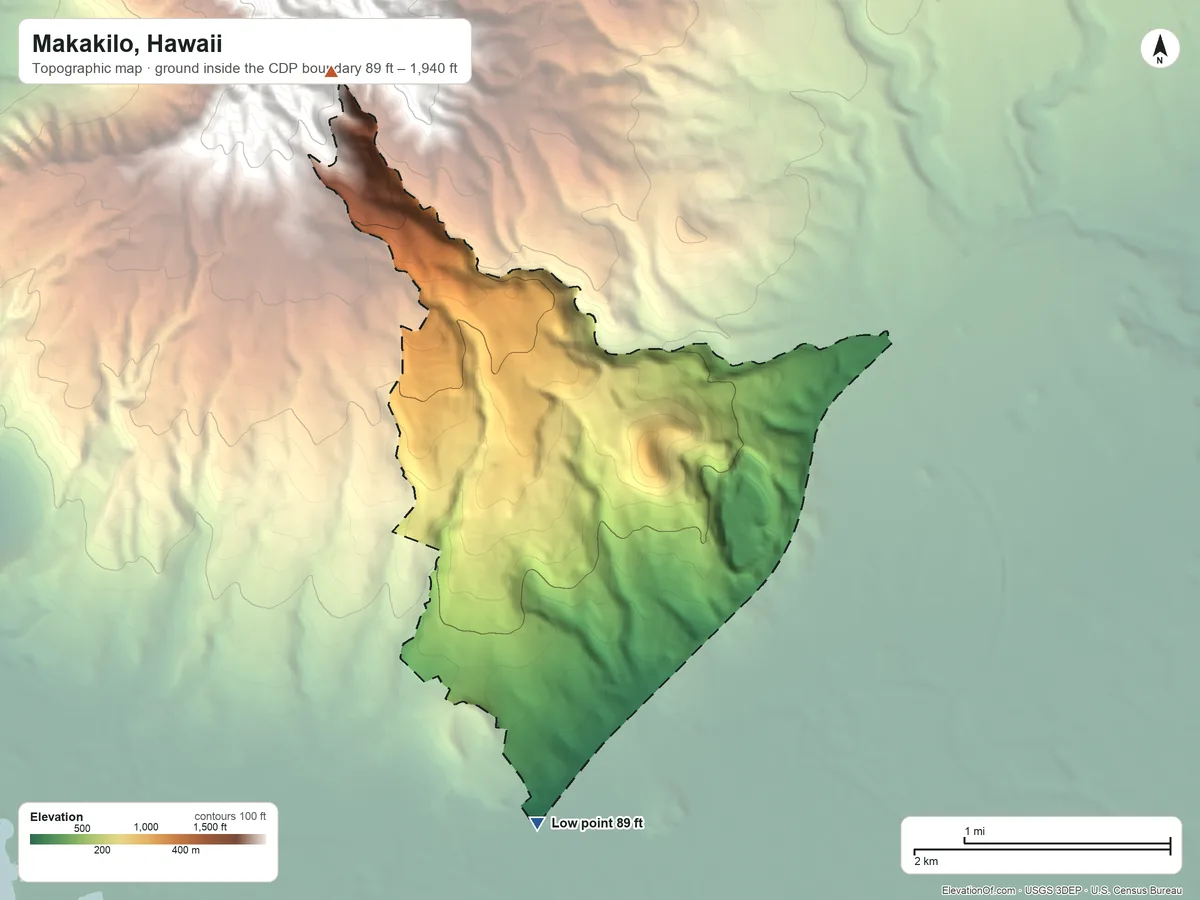 Topographic elevation map of Makakilo, Hawaii, shaded from 89 ft on the south side to 1,940 ft at the foot of the Waiʻanae Range
