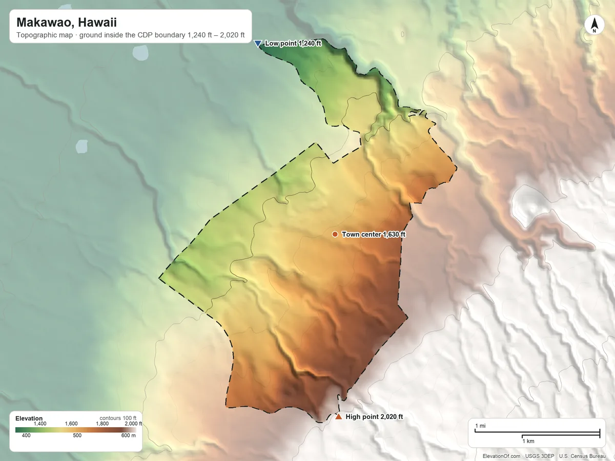 Topographic elevation map of Makawao, Hawaii, shaded from 1,240 ft on the north side to 2,020 ft at the foot of the Lualaʻilua Hills
