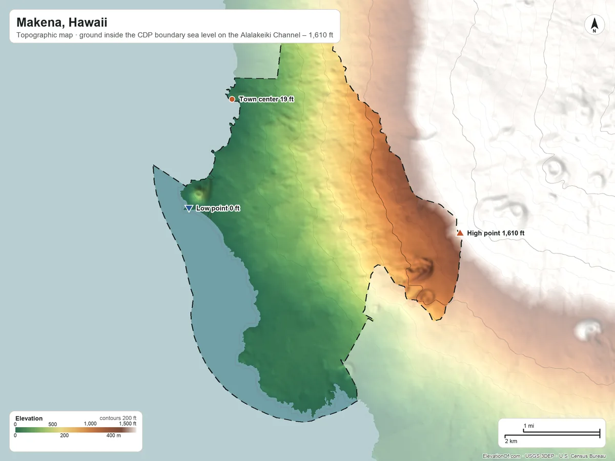 Topographic elevation map of Makena, Hawaii, shaded from sea level level on the Alalakeiki Channel to 1,610 ft at the foot of the Lualaʻilua Hills