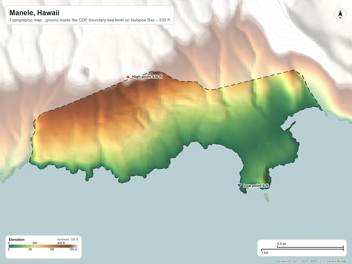 Topographic elevation map of Manele, Hawaii, shaded from sea level level on Hulopoe Bay to 530 ft on the northwest edge, below higher ground just outside