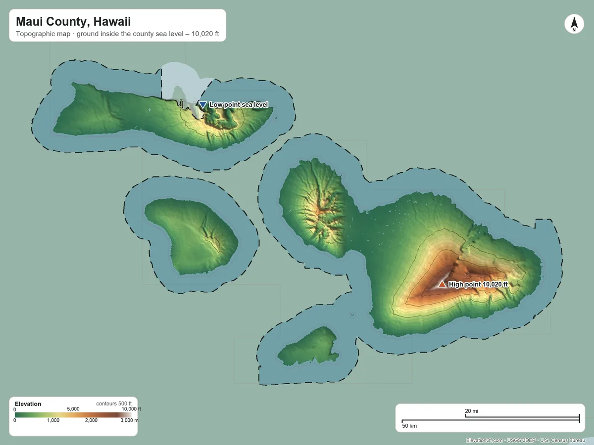 Topographic elevation map of Maui County, Hawaii, shaded from sea level on Hāʻupu Bay to 10,020 ft on Puʻuʻulaʻula